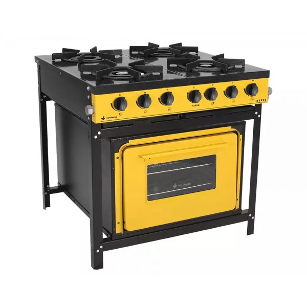 FOGÃO A GÁS BRAVO COM FORNO 4 QUEIMADORES AMARELO MANIP PRETO - VENANCIO