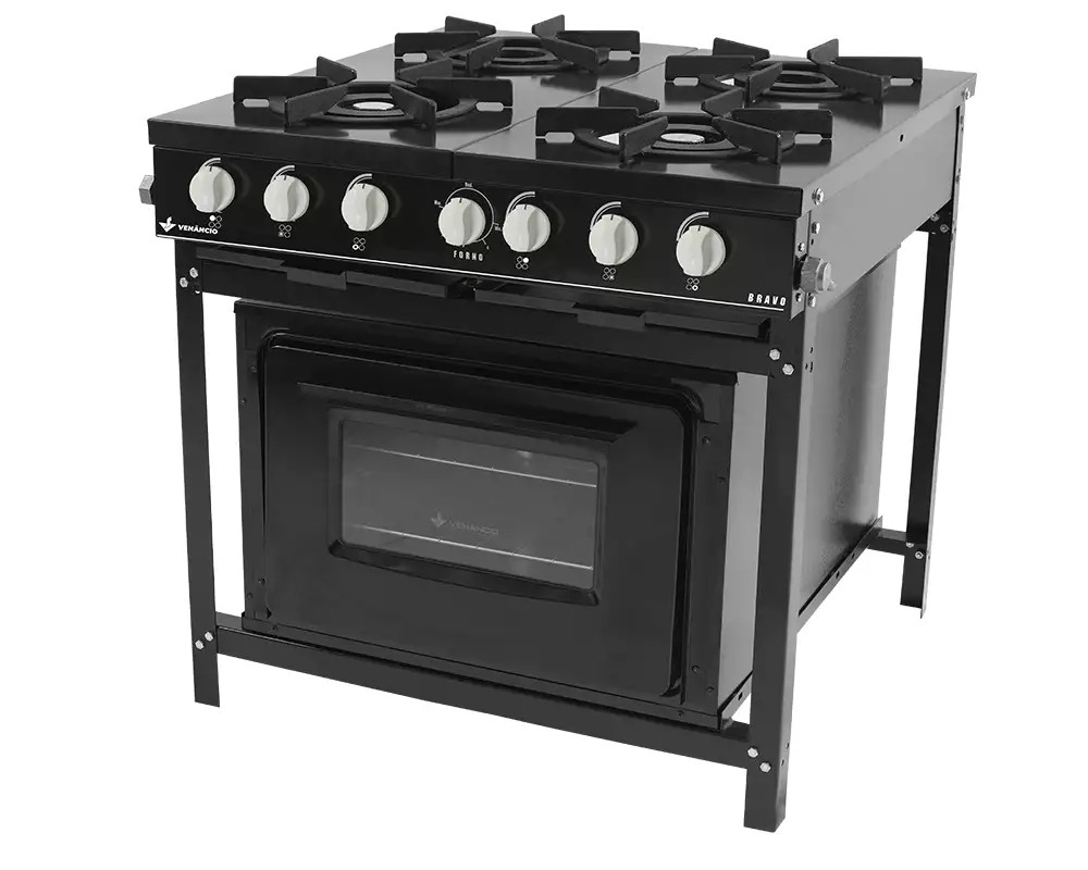 FOGÃO A GÁS BRAVO COM FORNO 4 QUEIMADORES PRETO MANIP BRANCO - VENANCIO
