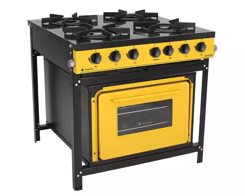 FOGÃO A GÁS BRAVO COM FORNO 4 QUEIMADORES AMARELO MANIP PRETO - VENANCIO