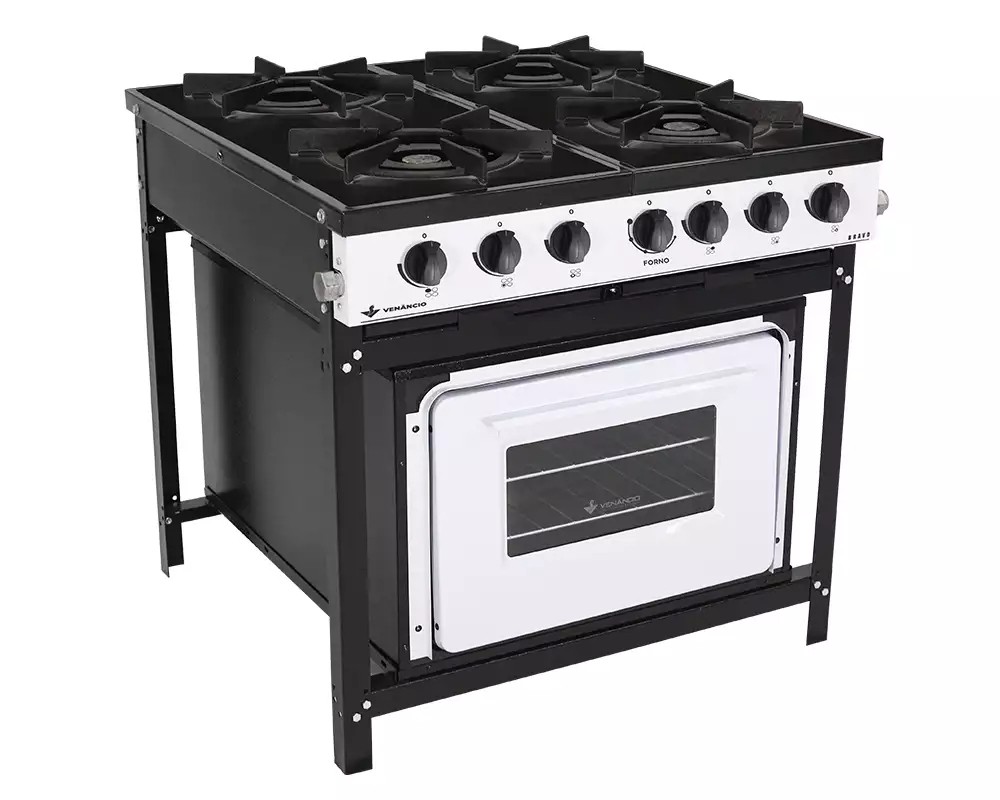 FOGÃO A GÁS BRAVO COM FORNO 4 QUEIMADORES BRANCO MANIP PRETO - VENANCIO