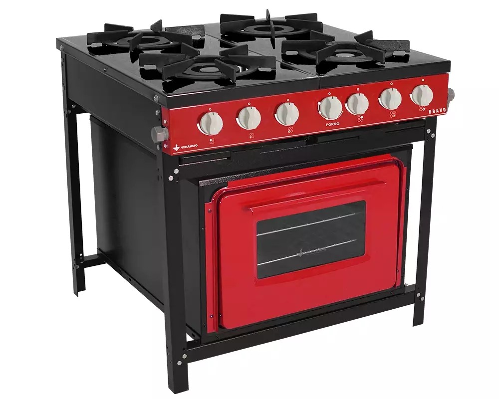 FOGÃO A GÁS BRAVO COM FORNO 4 QUEIMADORES VERMELHO MANIP BRANCO - VENANCIO